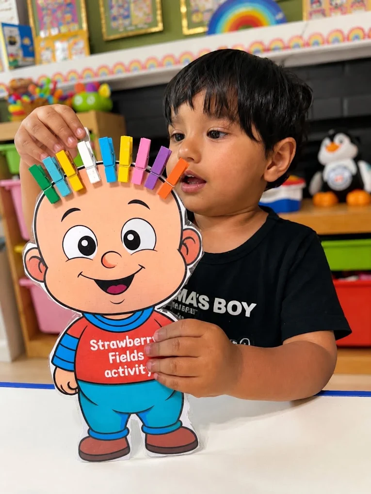 A child exploring colors with a Strawberry Fields peg activity