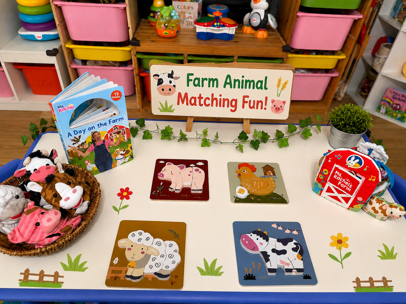 Farm animal matching activities, puzzles, books, and toys arranged at Strawberry Fields